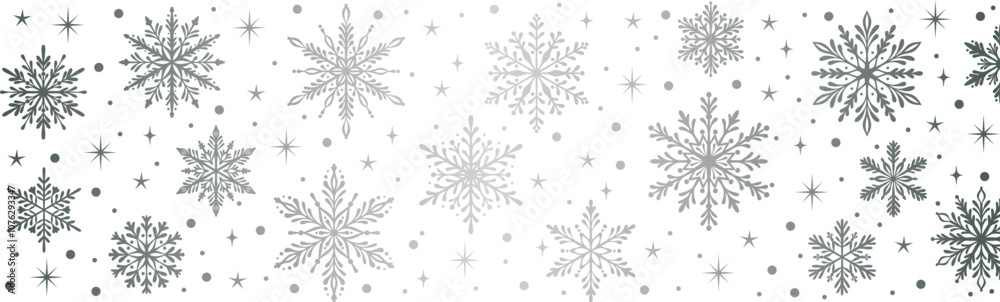 Silver snowflake border vector greeting card template, decorative snow frame illustration, festive winter holiday gradient metallic card clip art element design