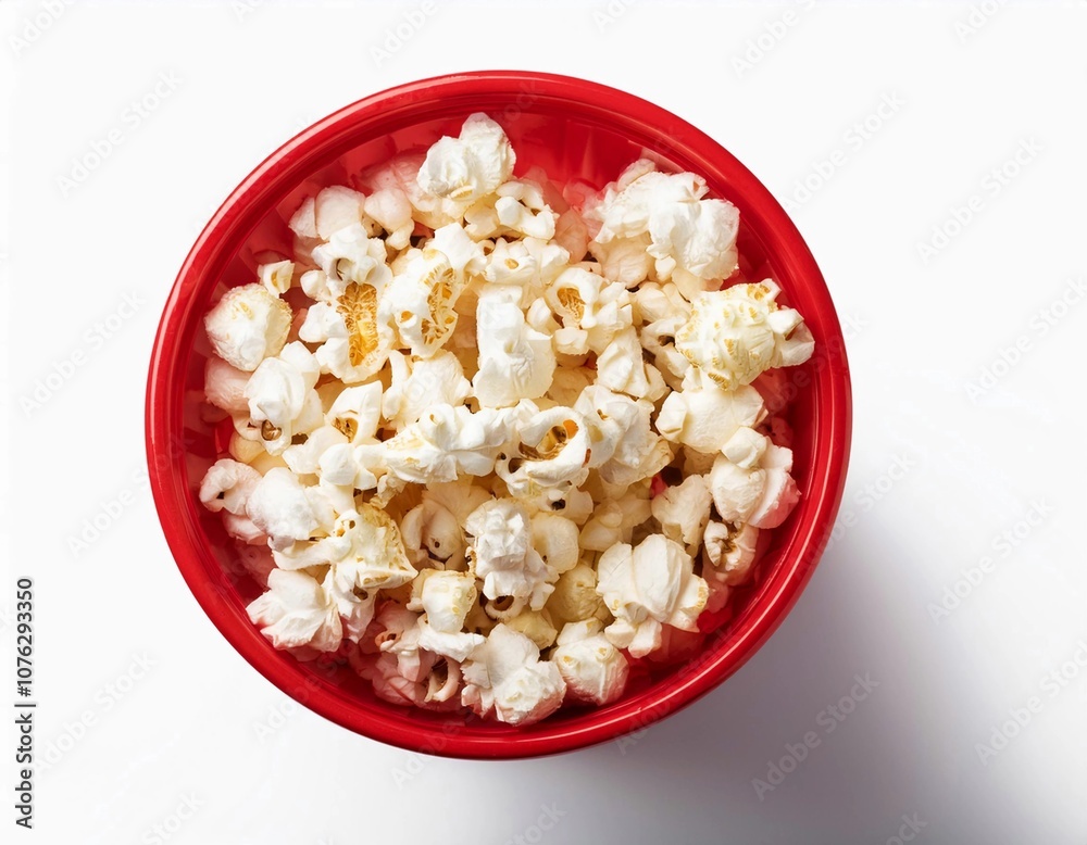 Red paper bucket full of popcorn isolated on white background. Red paper bucket full of popcorn isolated on white background.