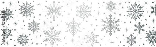 Silver snowflake border vector greeting card template, decorative snow frame illustration, festive winter holiday gradient metallic card clip art element design