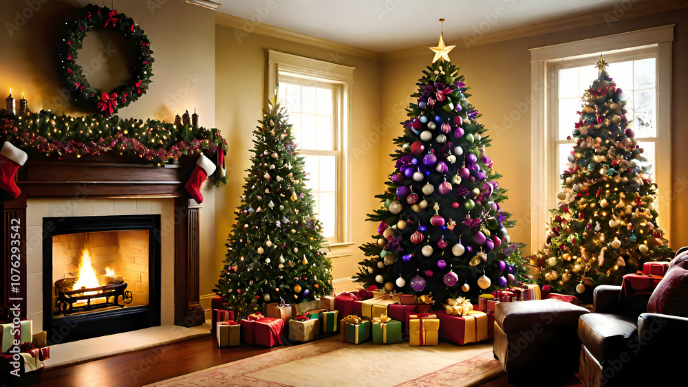 A beautifully decorated Christmas tree with glowing ornaments, presents underneath, and a cozy ambiance. A beautifully decorated Christmas tree with glowing ornaments, presents underneath, and a cozy ambiance.