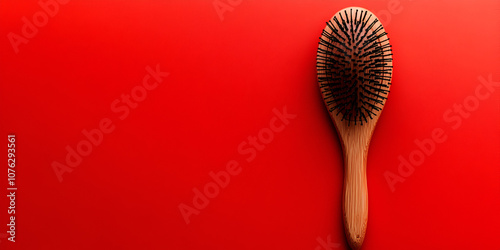 Wooden Hairbrush on Red Background
 photo