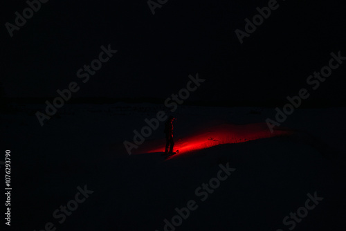 Obraz na płótnie A Person in the Snow Shining a Creepy Red Flashlight in the Dark Night w salonie