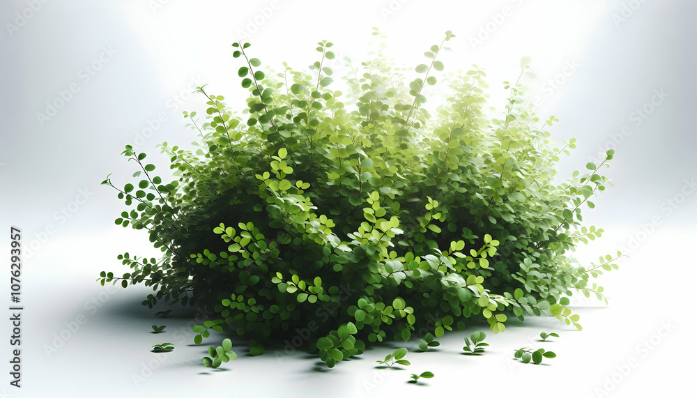 Dense low-growing bush with small bright green leaves and light highlights isolated on white minima3 Dense low-growing bush with small bright green leaves and light highlights isolated on white minima3