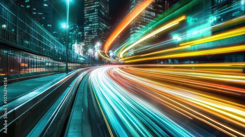 Dynamic Nighttime Cityscape with Vibrant Light Trails and Skyscrapers Showcasing Modern Urban Life and Motion in a Bustling Metropolis Setting Dynamic Nighttime Cityscape with Vibrant Light Trails and Skyscrapers Showcasing Modern Urban Life and Motion in a Bustling Metropolis Setting