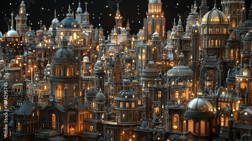 A model of a city with a clock tower. This concept fantasy architecture and building