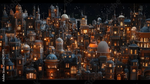 A model of a city with a clock tower. This concept fantasy architecture and building