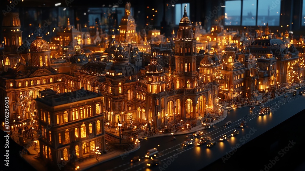 Fototapeta premium A model of a city with a clock tower. This concept fantasy architecture and building