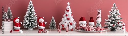 Festive Christmas Decorations with Snow Covered Trees and Santa Figurines