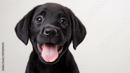 A baby Labrador with its tongue sticking out, a happy expression, studio photography, white background