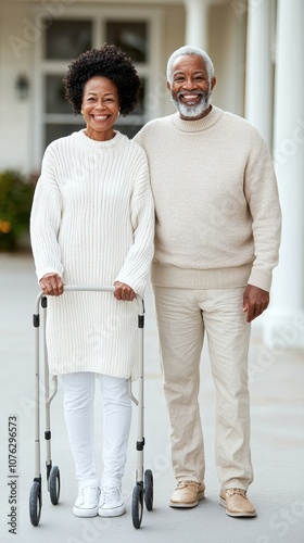 Happy Senior Couple Walking with Rollator Outdoors