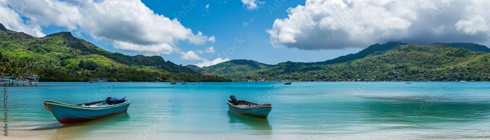 Tropical Island Bay with Boats and Lush Green Hills Tropical Island Bay with Boats and Lush Green Hills