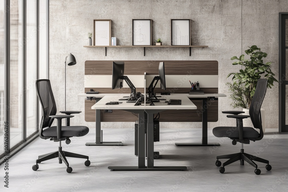 Modern Office Workspace with Ergonomic Chairs and Desks Modern Office Workspace with Ergonomic Chairs and Desks