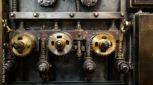 Detailed Close-Up of Vintage Industrial Gears and Mechanisms Highlighting Intricate Mechanics and Engineering Craftsmanship within a Historical Machine