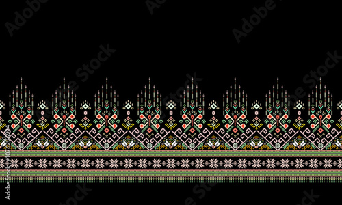 Ethnic geometric seamless fabric pattern Cross Stitch embroidery oriental Pixel pattern Detailed Vector Illustration for Textile Print Design CrossStitch frame decoration motifs wallpaper.