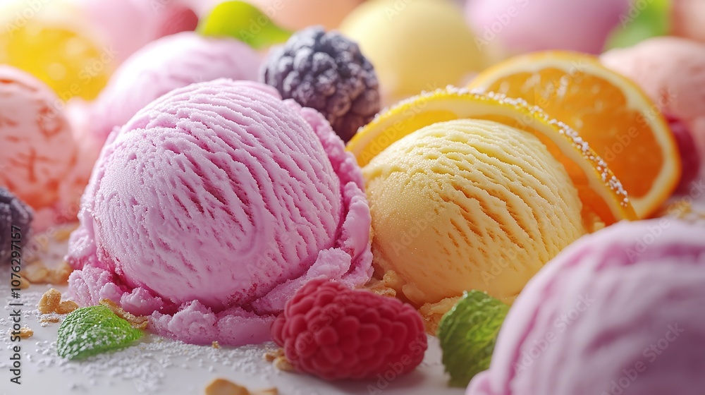 Ice cream scoop ball with fruits toppings on white background cutout Many assorted different flavour Mockup template for artwork design : Generative AI