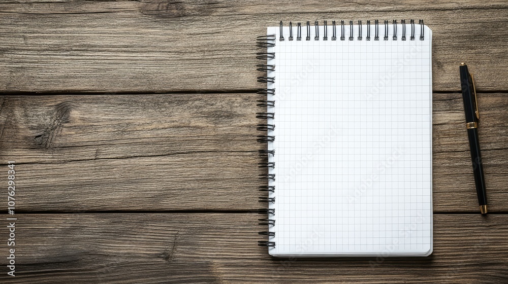 Blank Graph Notebook with Spiral Binding and a Pen on a Rustic Wooden Table, Ideal for Note-Taking, Sketching, and Creative Writing Activities Blank Graph Notebook with Spiral Binding and a Pen on a Rustic Wooden Table, Ideal for Note-Taking, Sketching, and Creative Writing Activities
