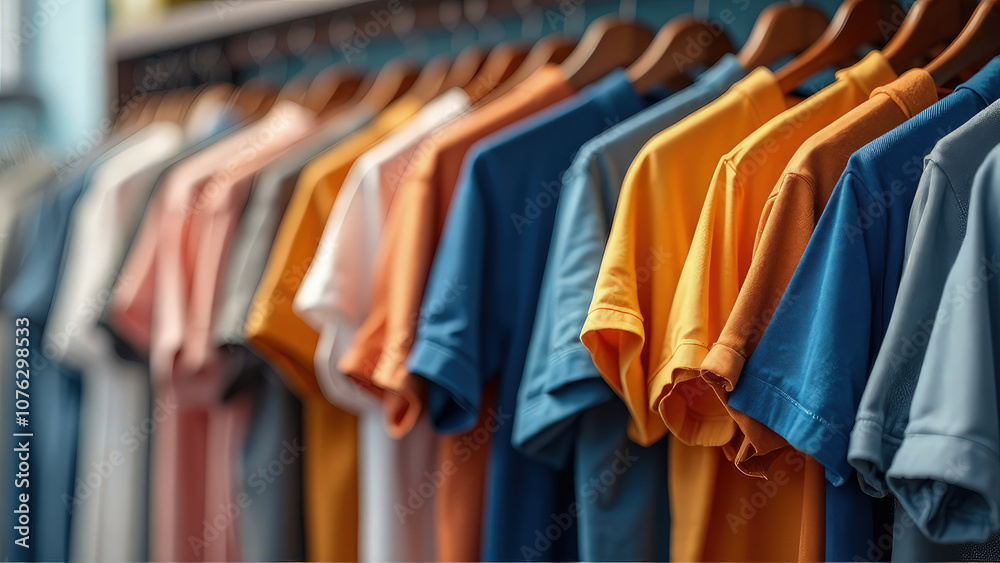 Fototapeta premium Photorealistic collection of t-shirts displayed for a Black Friday sale. The background has a soft blur, emphasizing the shirts with ample copy space for text