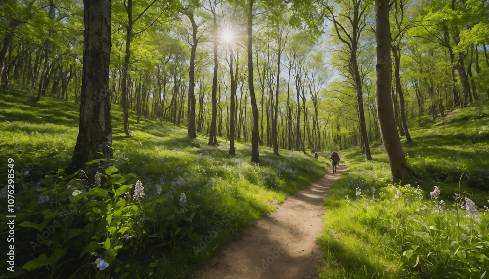 Fototapeta premium Forest Hike with Friends on a Serene Path in the Wilderness