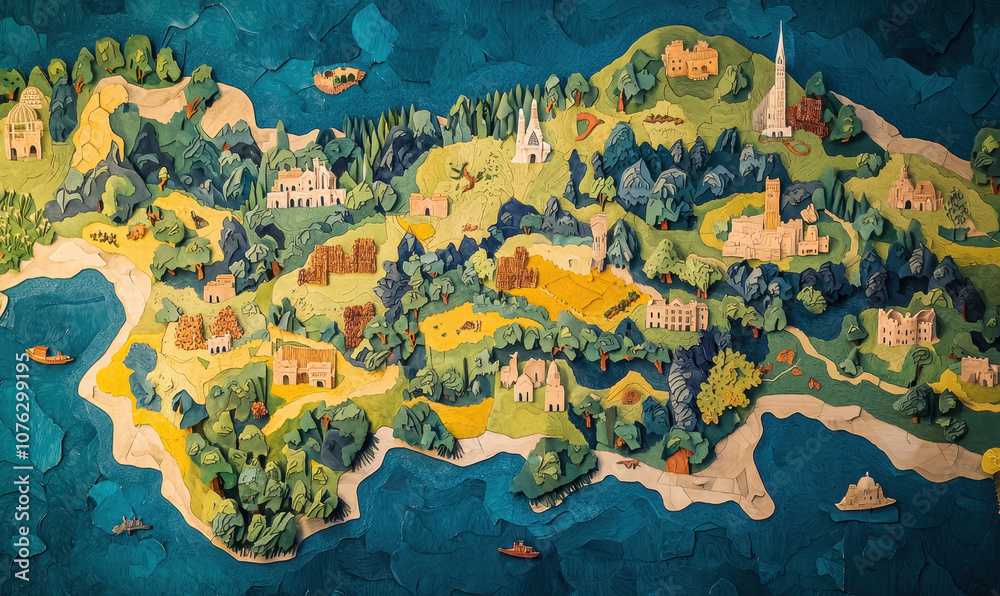 Intricate Paper-Cut Map Illustrating a Fantasy Island Landscape Intricate Paper-Cut Map Illustrating a Fantasy Island Landscape