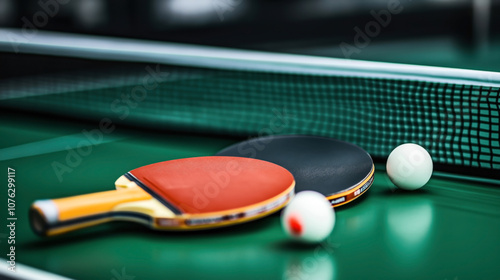 Close-up of two ping pong paddles and a ball on a green table with a net, focusing on table tennis equipment.