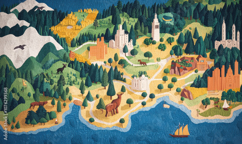 Vibrant Illustrated Landscape Map Featuring Mountains, Forests, and Architecture