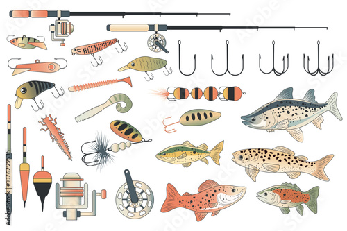 Fishing tools set elements in flat graphic design. Collection of fishing rods with reels, different types of baits, spoons, hooks, bobbers, lures, salmon, trout and other fish. Vector illustration.