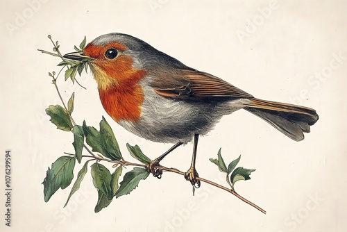 An illustrated bird with a red-orange chest perched on a branch, surrounded by green leaves, symbolizing nature and wildlife.