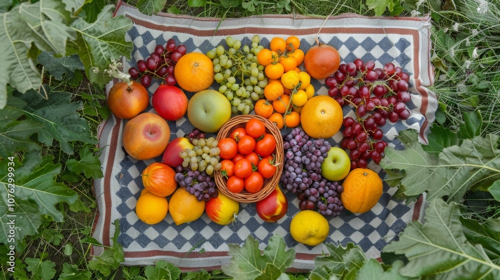 photograph of Fruit basket on a blanket on the grass in a park, top view photograph of Fruit basket on a blanket on the grass in a park, top view