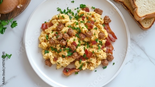 Deliciously Scrambled Eggs Topped with Crispy Bacon, Savory Sausage, and Fresh Chopped Chives on a Round White Plate