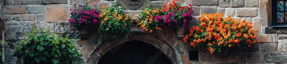 Stone Arch with Vibrant Flowers in a Medieval Gate View Stone Arch with Vibrant Flowers in a Medieval Gate View