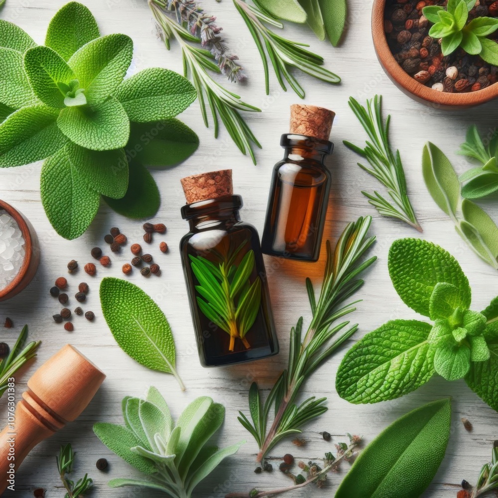 Herbal essential oil bottle with fresh sage, rosemary, and mint on a white wooden background Herbal essential oil bottle with fresh sage, rosemary, and mint on a white wooden background
