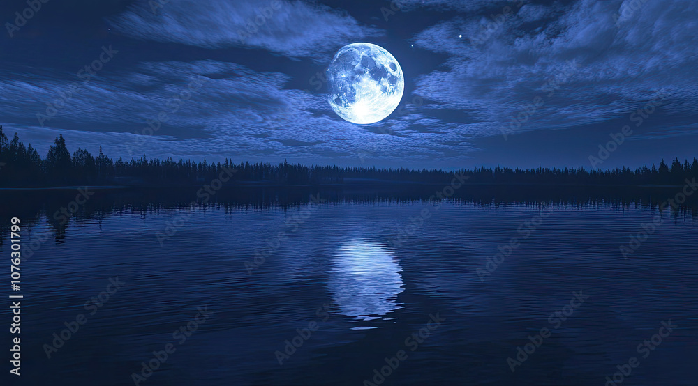 Full Moon Over a Northern Lake with Glowing Aurora Lights Full Moon Over a Northern Lake with Glowing Aurora Lights