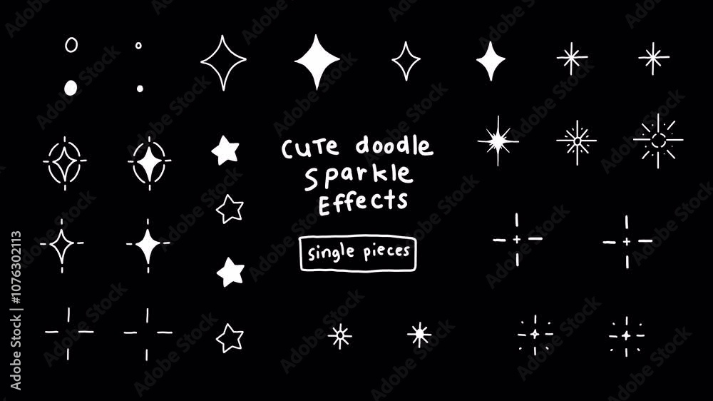 Set of cute doodle sparkle effects set4, single individual pieces, shinning stars, glowing, magic twinkle, glitter glimmer, wink, hand-drawn sticker animation, on a transparent background, alpha