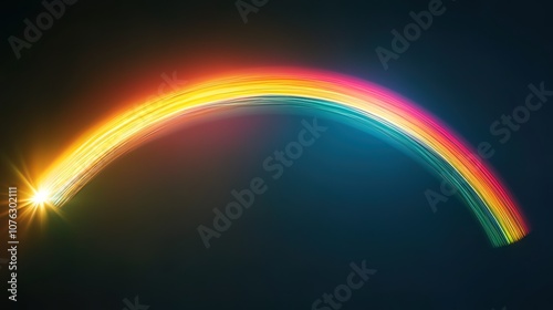 A vibrant, colorful, glowing rainbow arc with a starburst at the end, on a black background. photo