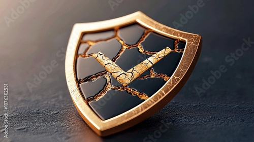 Security risks cybersecurity phishing concept A stylized golden shield logo with intricate details and a check mark, symbolizing security and trust. photo