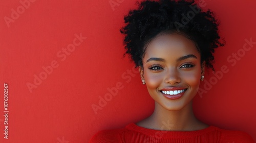 a  femal emodel in a neat red outfit smiling against a red background  photo