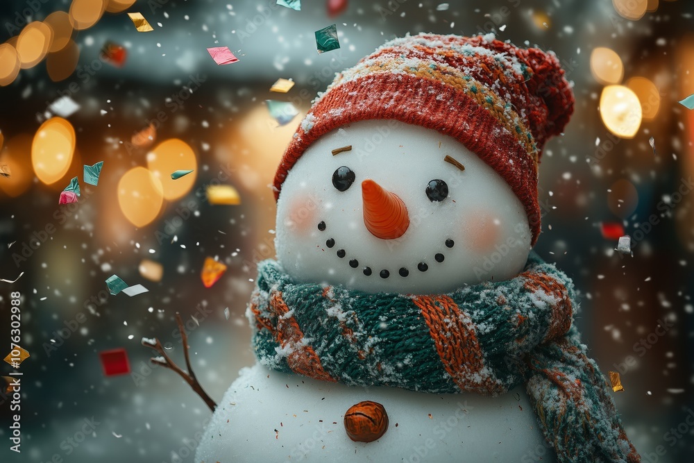 happy snowman with a green scarf and red hat, with confetti flying around, on a dark emerald background happy snowman with a green scarf and red hat, with confetti flying around, on a dark emerald background