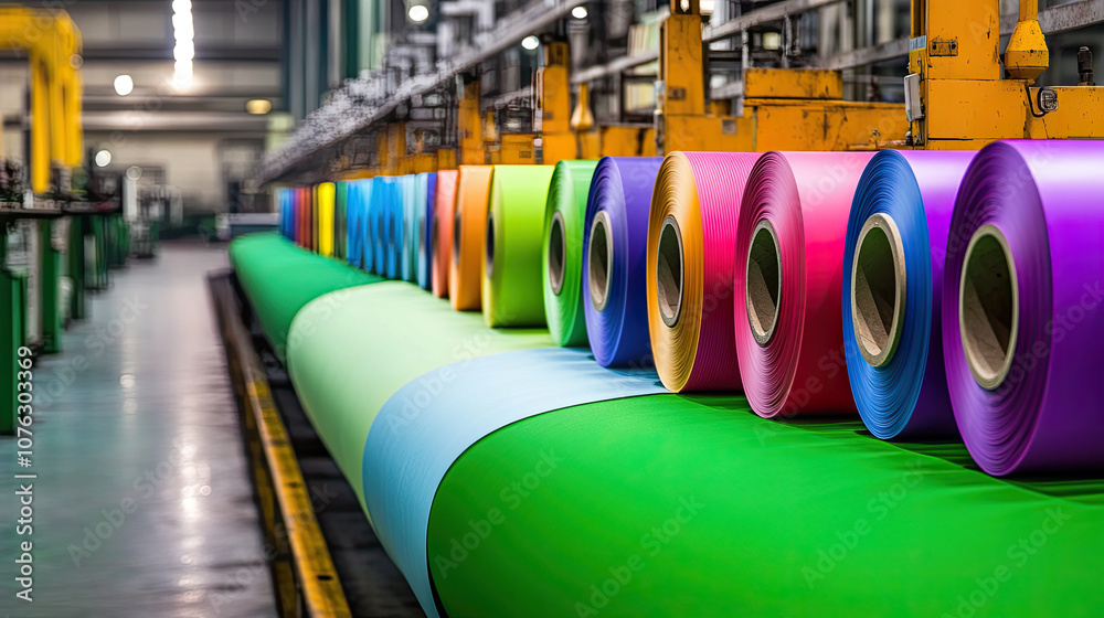 Vibrant rolls of fabric in a bustling textile mill showcasing a spectrum of colors and the art of textile production. Generative AI Vibrant rolls of fabric in a bustling textile mill showcasing a spectrum of colors and the art of textile production. Generative AI