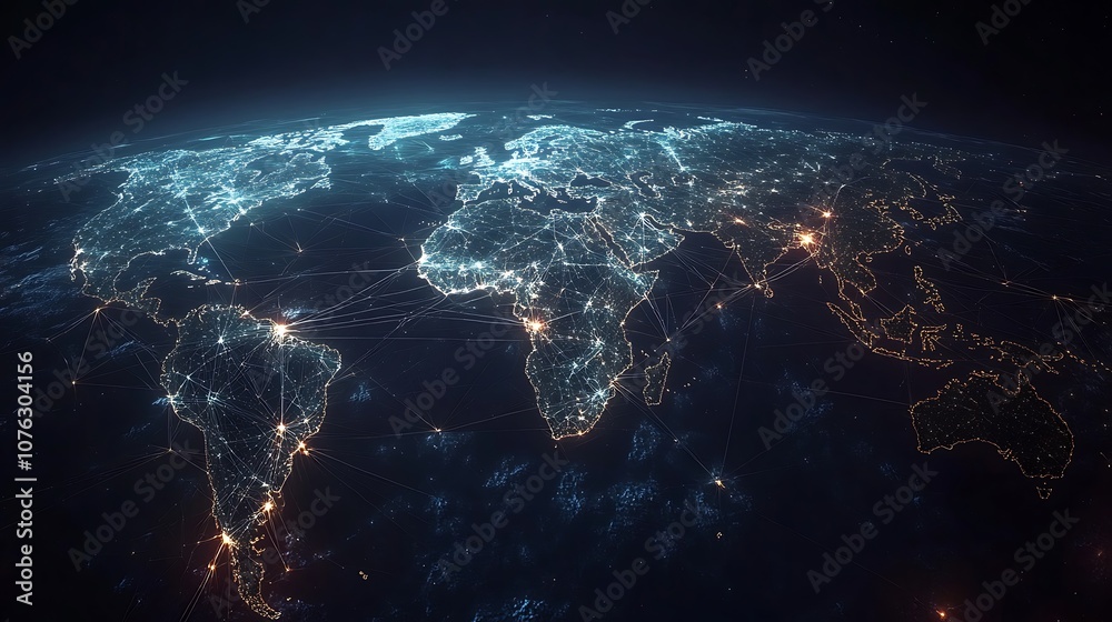 Obraz premium Map of the world with blue lights connecting, Technology network connecting earth map