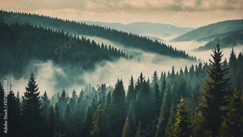 Vintage Misty Landscape with Fir Forest in Retro Hipster Style