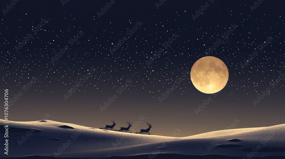 Naklejka premium A Serene Night Landscape with a Large Moon Illuminating a Silhouetted Group of Reindeer Against a Starry Sky over Glistening Snowy Dunes