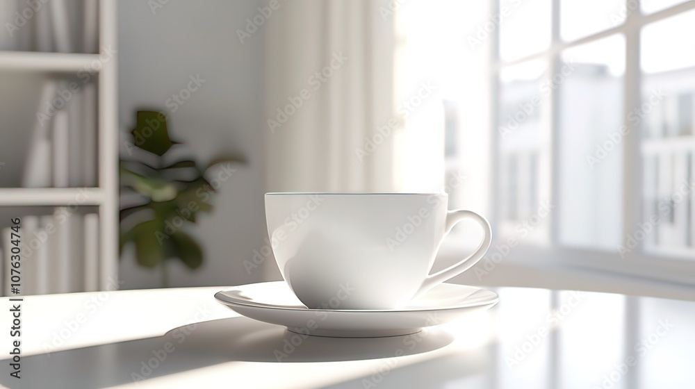 A white coffee cup on a white table in a bright, airy room with a window and a bookshelf in the background. A white coffee cup on a white table in a bright, airy room with a window and a bookshelf in the background.