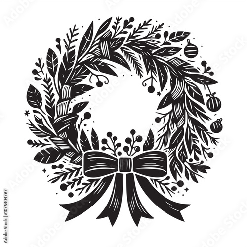 Elegant Black and White Christmas Wreath with Bow. This vintage-inspired Christmas wreath features detailed line art in black and white.