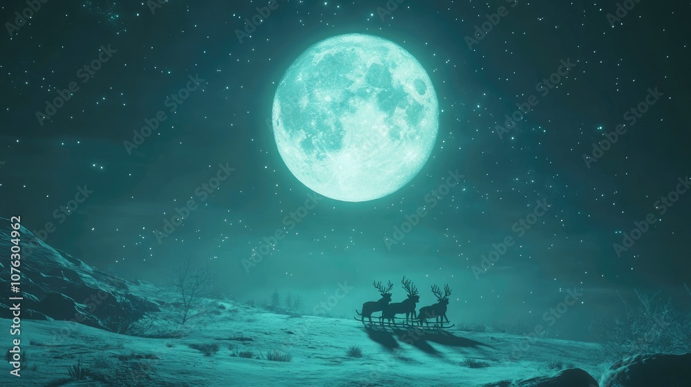 Ethereal Winter Night with Reindeer Silhouettes Beneath a Majestic Blue Moon and Sparkling Stars in a Tranquil Snowy Landscape Ethereal Winter Night with Reindeer Silhouettes Beneath a Majestic Blue Moon and Sparkling Stars in a Tranquil Snowy Landscape