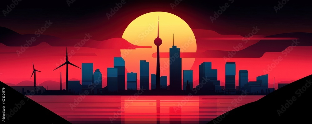 A vibrant city skyline at sunset, featuring silhouetted buildings and wind turbines, reflected in calm waters. A vibrant city skyline at sunset, featuring silhouetted buildings and wind turbines, reflected in calm waters.