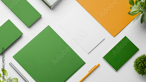 A vibrant arrangement of green and orange stationery on a clean white surface, enhancing creativity in a workspace. Generative AI photo