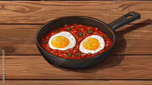 Delicious tomato shakshuka dish with poached eggs, garnished with herbs, served in skillet on wooden table. Perfect for breakfast or brunch lovers! photo