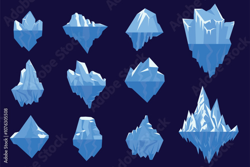 Icebergs set elements in flat graphic design. Collection of different types of frozen floating ice rocks, deep blue polar sea floes, frozen water glaciers with underwater parts. Vector illustration.
