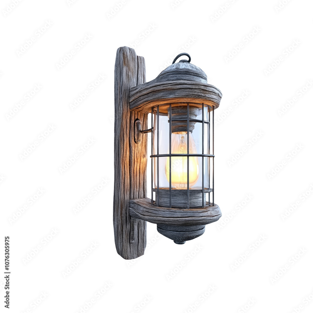 Rustic Wooden Wall Lantern with Glowing Light Bulb Rustic Wooden Wall Lantern with Glowing Light Bulb