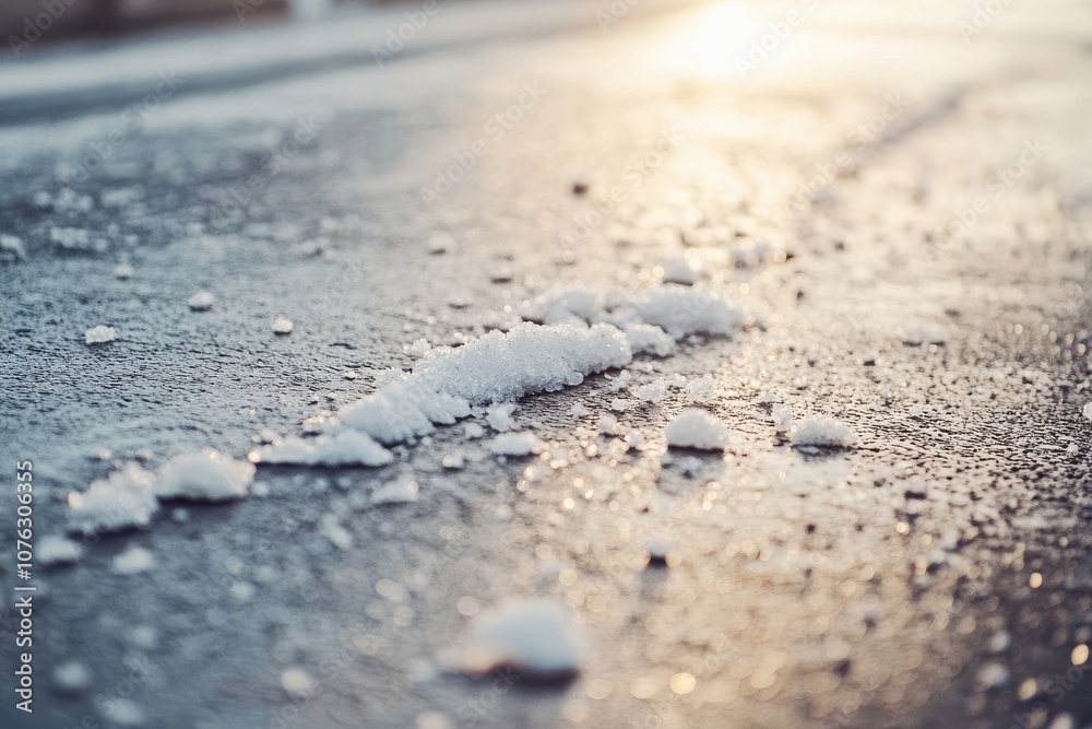 Close-up of road salt scattered on an icy surface reflecting early morning sunlight Close-up of road salt scattered on an icy surface reflecting early morning sunlight